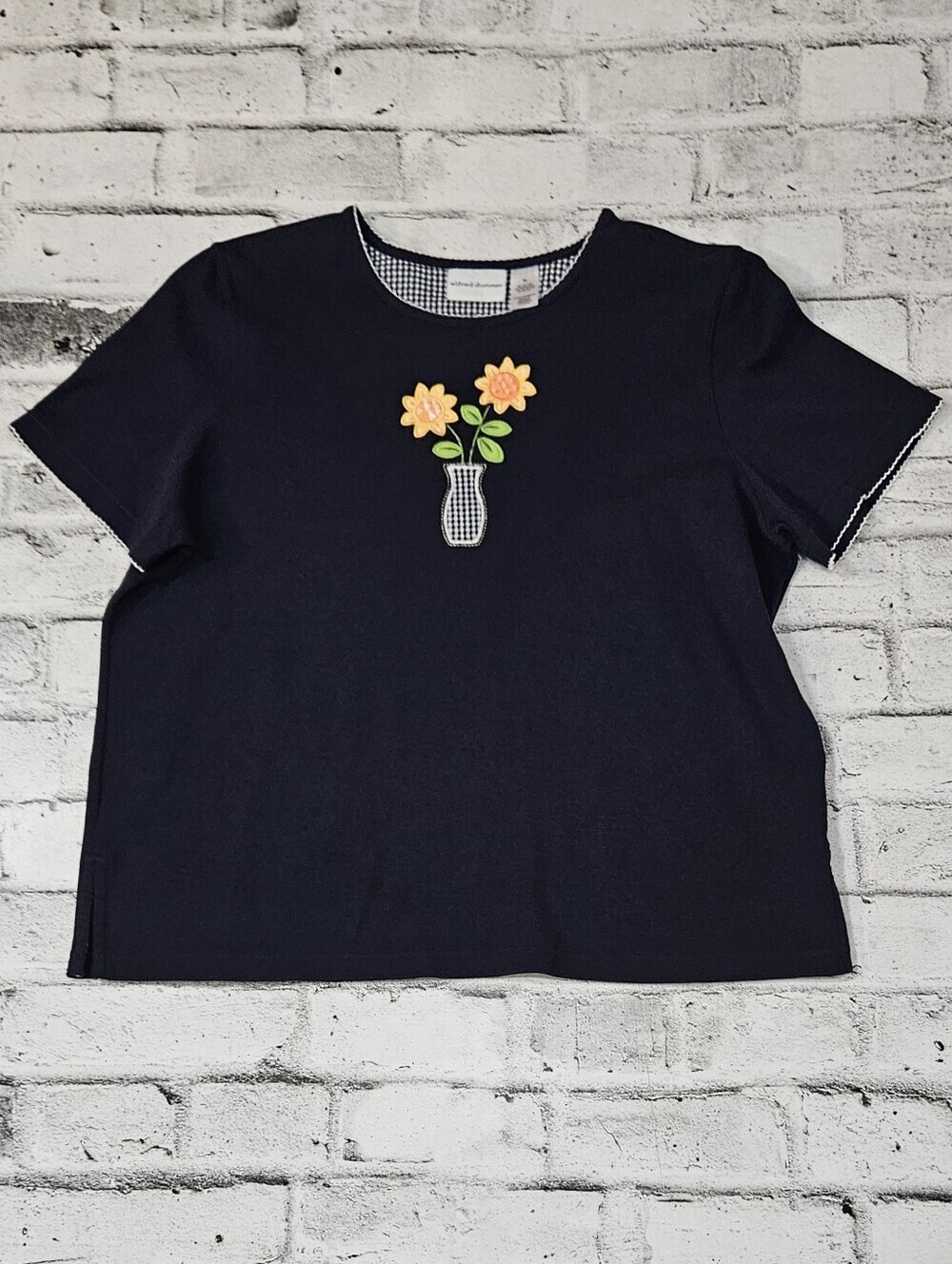 Alfred Dunner Floral Applique Top XL Navy Blue Short Sleeve Casual Tee